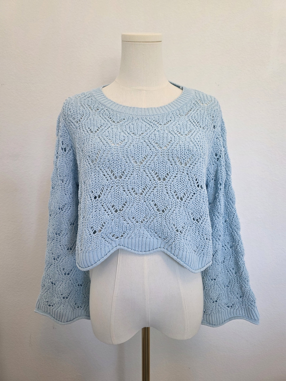 Blue Rain Light Blue Openwork Knit Cropped Sweater
